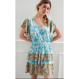 Anthropologie Daily Practice Tiered Ruffle Mini Dress Turquoise Small